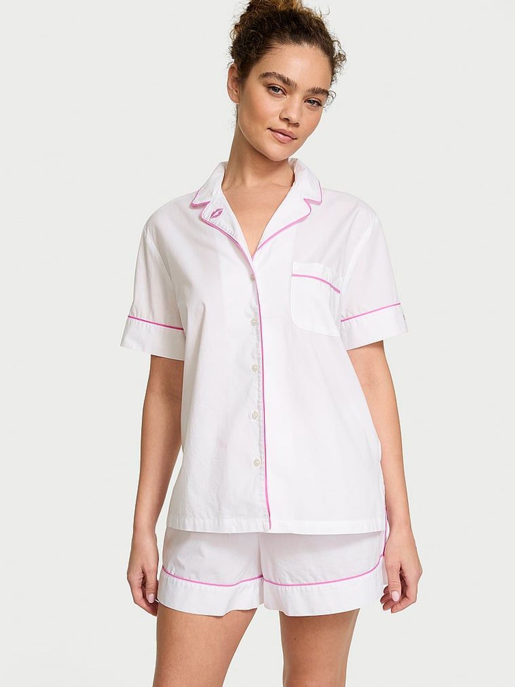 White / New Peony Pink Piping Cotton Short Pyjama Set (AC7570) | €52