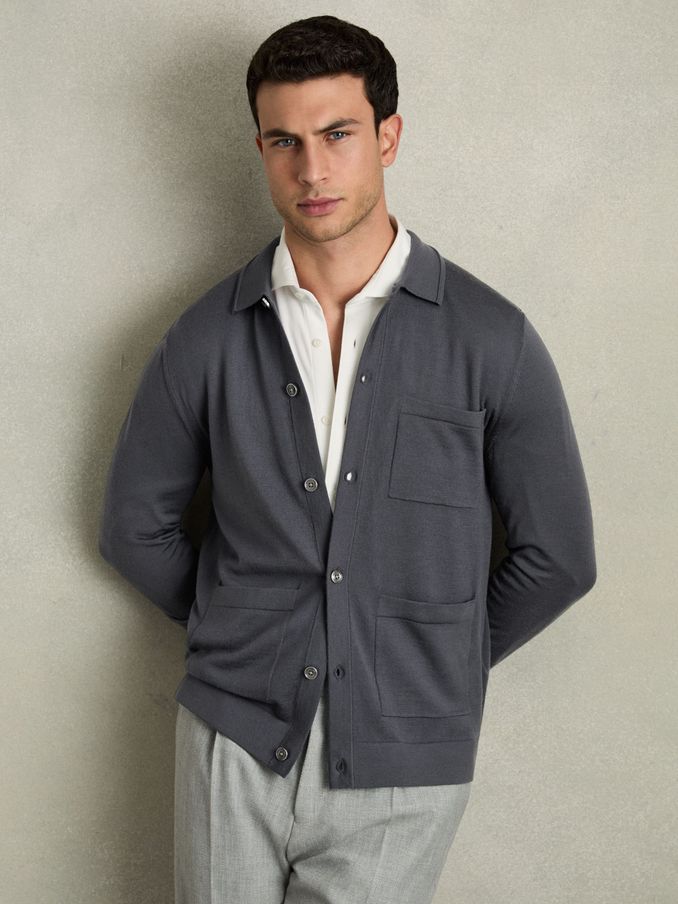 Merino Wool Button-Through Cardigan in Blackend Blue (AC9311) | US$111