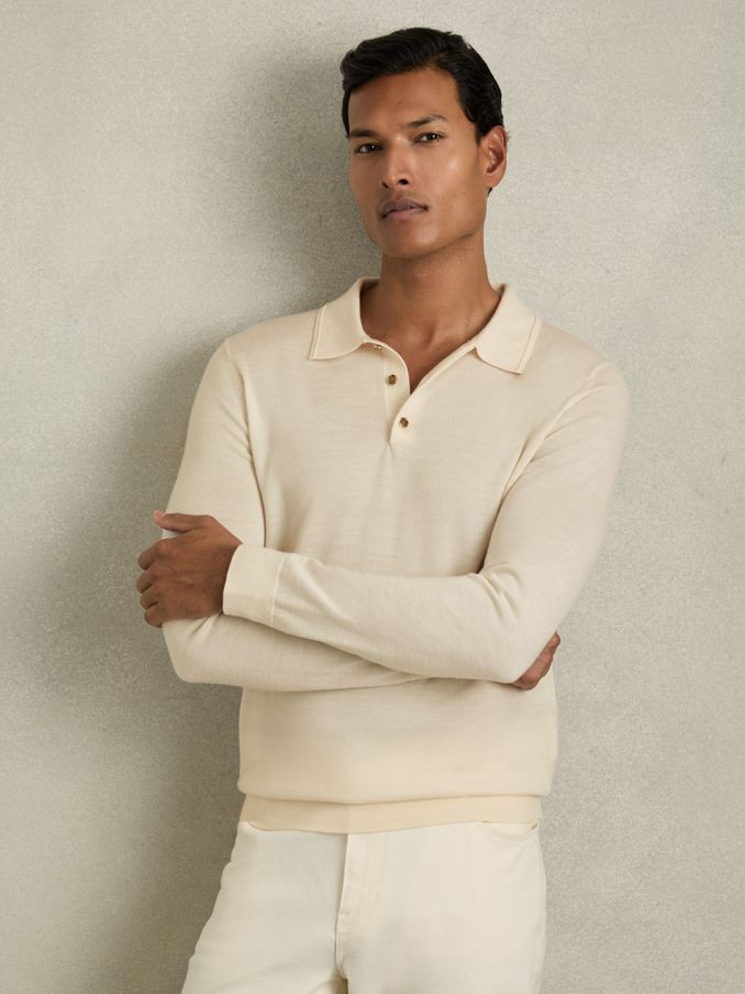 Merino Wool Long-Sleeve Polo Shirt in Snow White (AC9314) | AED381