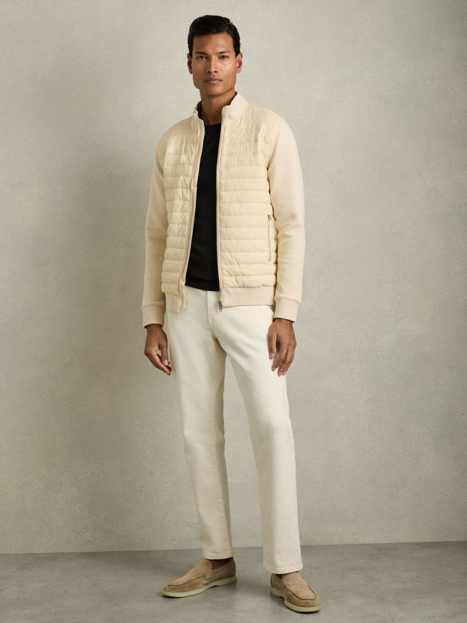 Hybrid Quilt and Knit Zip-Through Jacket in Light Stone (AC9317) | $167