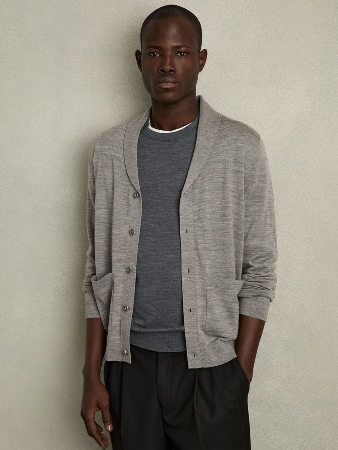 Merino Wool Shawl-Collar Cardigan in Warm Grey Melange (AC9319) | €83
