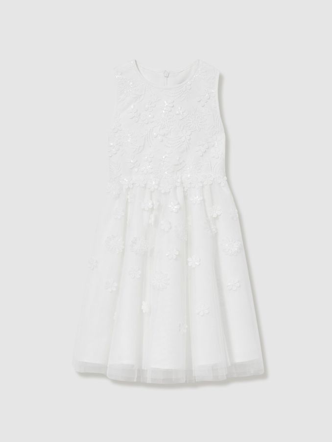 13-14 yrs Tulle Floral-Embroidered Bridesmaid Dress in Ivory (AC9320) | US$160