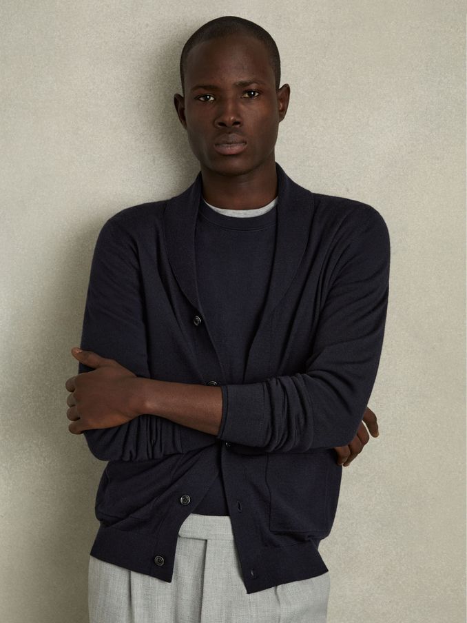 Merino Wool Shawl-Collar Cardigan in Navy (AC9335) | US$141