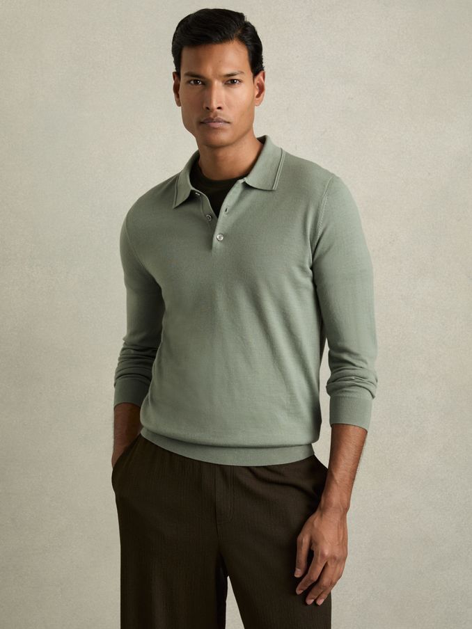 Merino Wool Long Sleeve Polo Shirt in Herb Green (AC9340) | €82