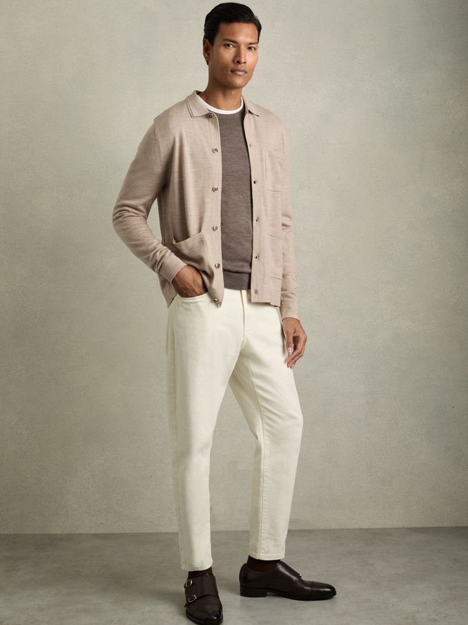 Merino Wool Button-Through Cardigan in Wheat Melange (AC9341) | US$111