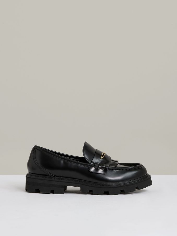 Leather Fringed Chunky Penny Loafers in Black (AC9343) | US$285