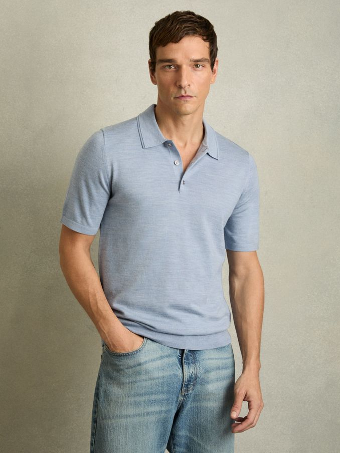 Merino Wool Short-Sleeve Polo Shirt in Soft Blue (AC9344) | €125