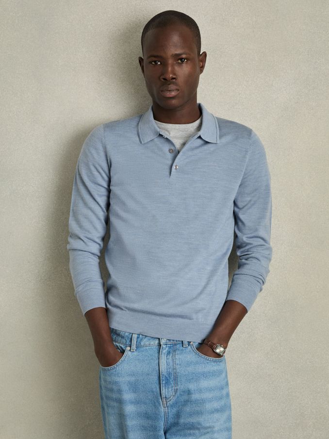 Merino Wool Long Sleeve Polo Shirt in Soft Blue Melange (AC9345) | €68