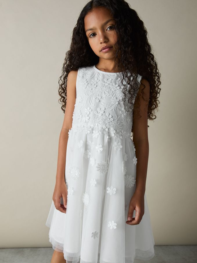 9-13 jrs Tule Bloemen -Borduurde Bruidsmeisjes Jurk in Ivoor (AC9347) | € 135