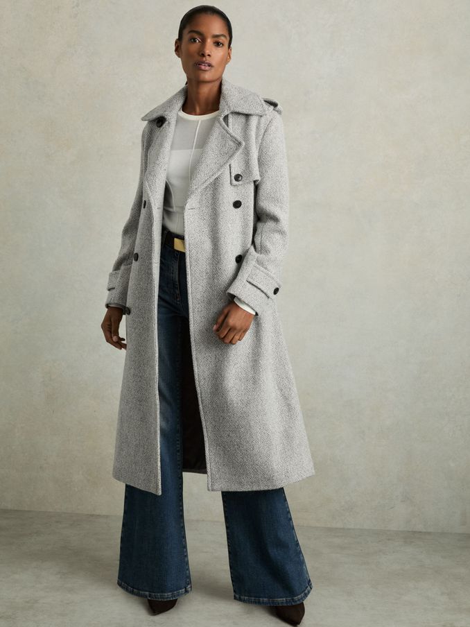 Petite Wool-Blend Double-Breasted Check Trench Coat in Black/White (AC9349) | €268