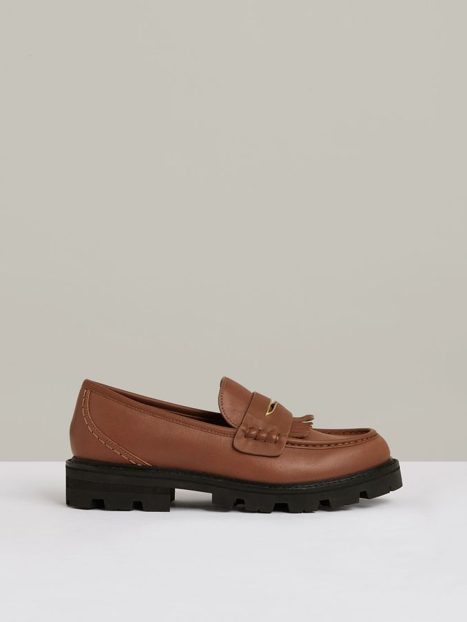 Leather Fringed Chunky Penny Loafers in Tan (AC9351) | US$285