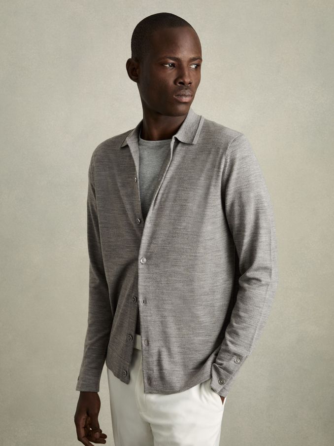 Merino Wool Button-Through Cardigan in Warm Grey Melange (AC9355) | $91