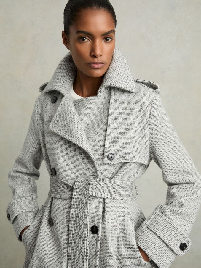 Wool-Blend Double-Breasted Check Trench Coat in Black/White (AC9357) | €268