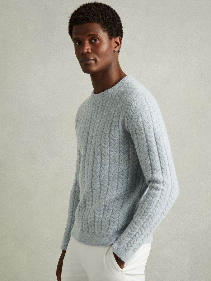 Cabled Jumper with Wool and Alpaca in Soft Blue (AC9359) | US$109