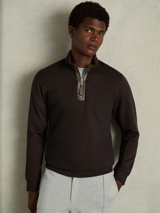 Leather-Placket Interlock-Jersey Sweatshirt in Chocolate Brown (AD0116) | €97