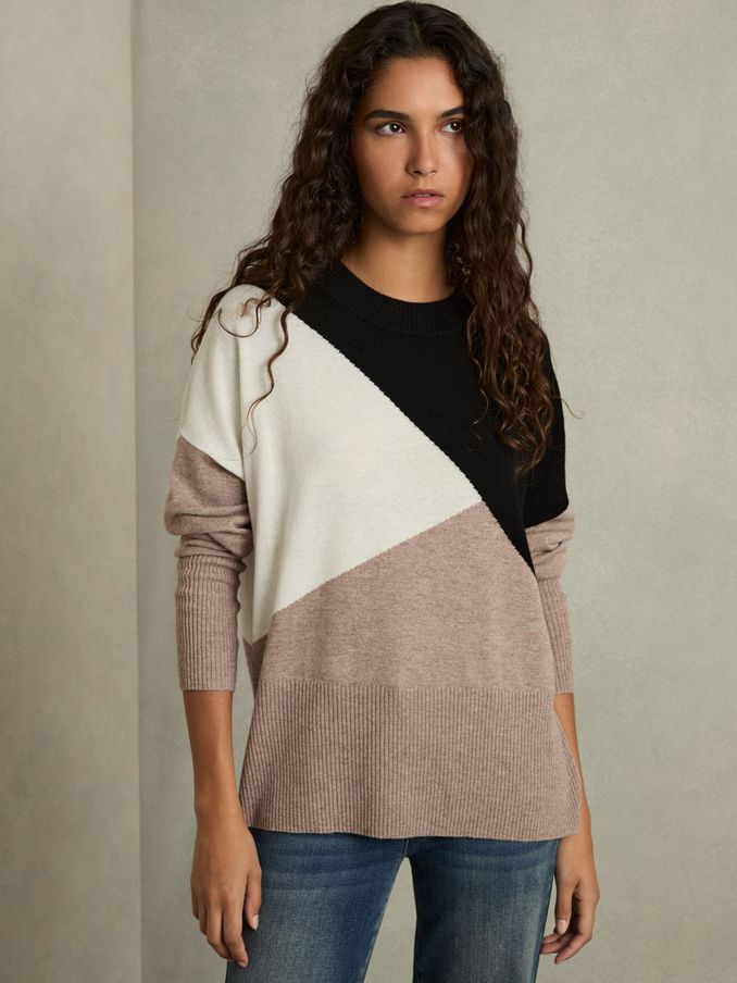 Geometric Colour-Block Jumper With Wool And Cashmere in Camel/Black (AD0120) | US$125