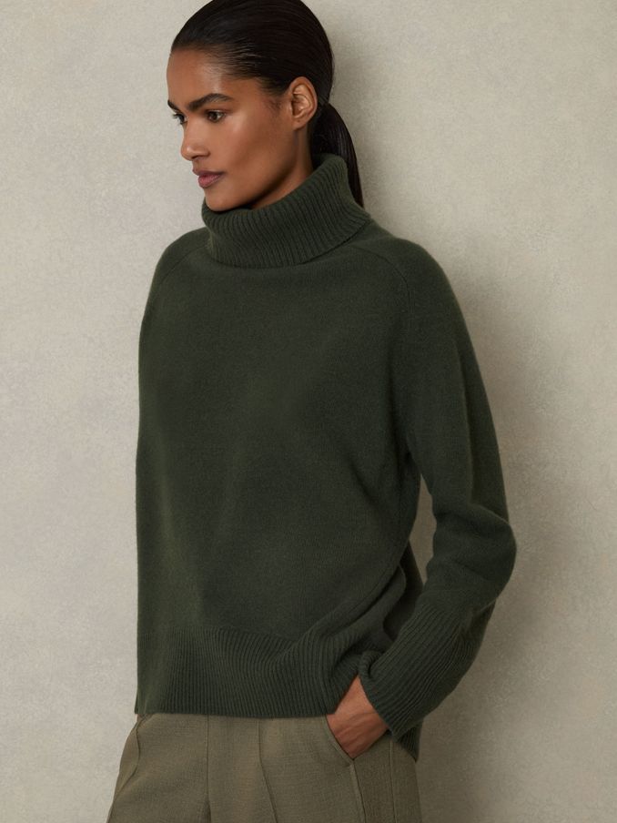 Wool Cashmere Roll Neck Jumper in Khaki (AD0124) | US$159