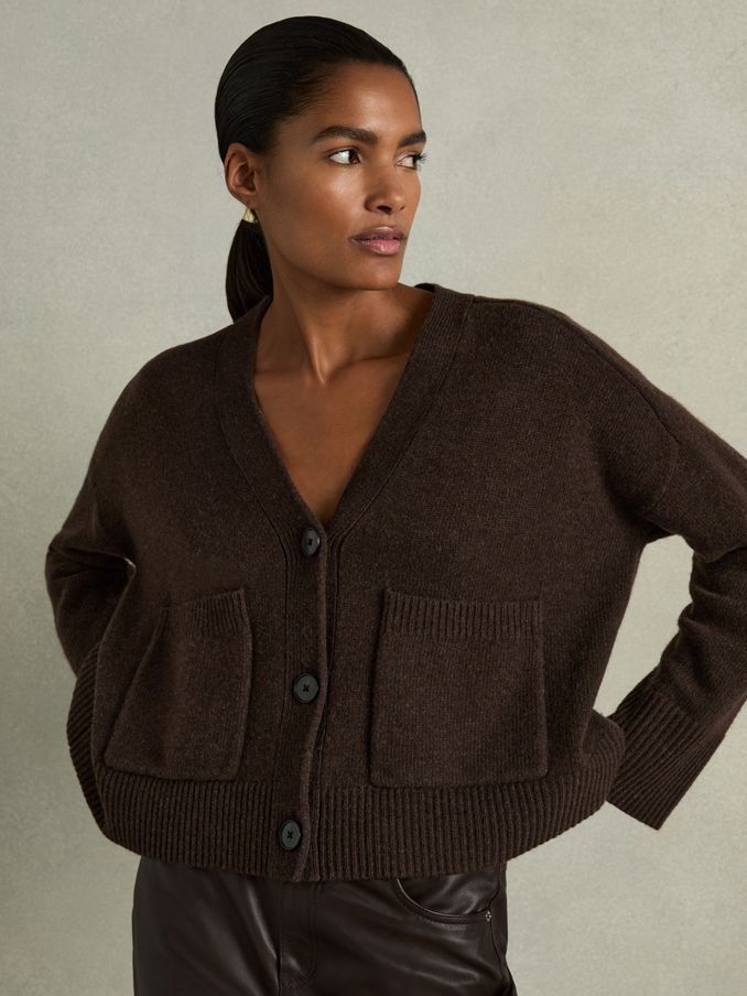 Wool-Cashmere Patch-Pocket Cardigan in Chocolate (AD1053) | $195