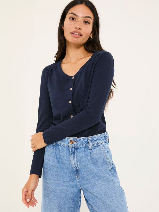 Leah Navy Button Through 100% Cotton Top (AD1777) | $54