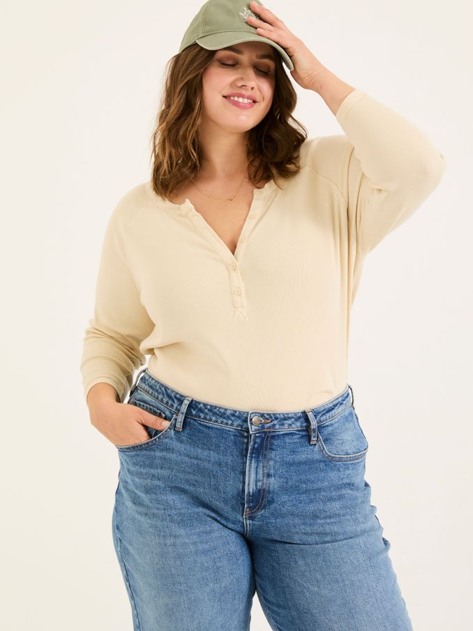 Reese Oatmeal Ribbed Henley Top (AD1782) | $46