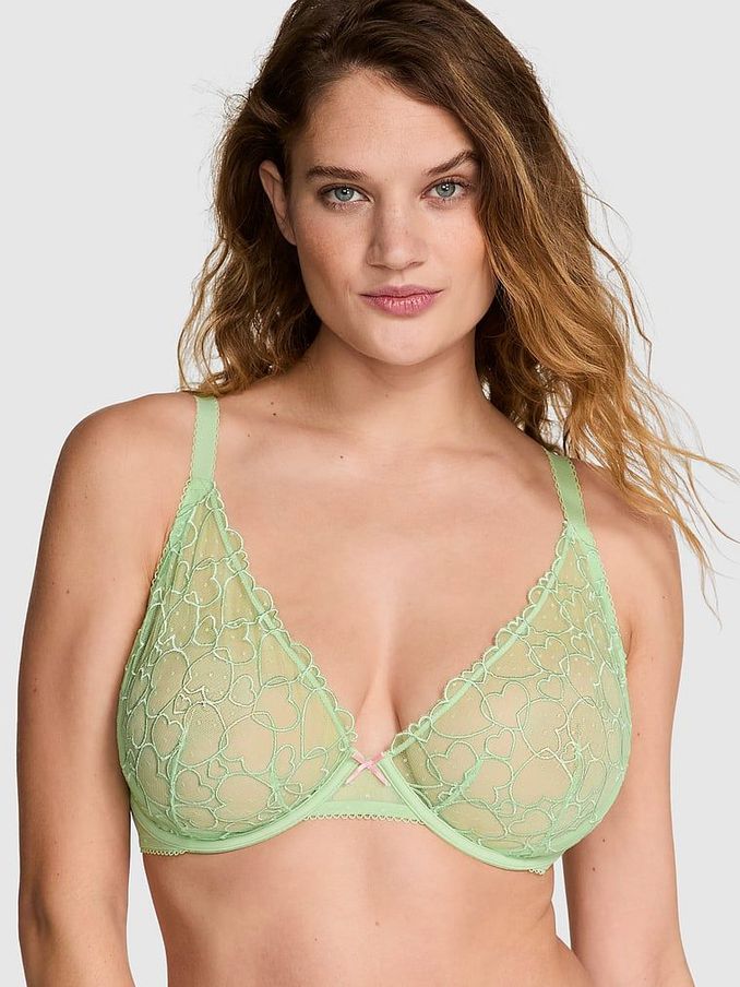Pale Petal Green Plunge Heart Embroidery Unlined Bra (AD4241) | €33