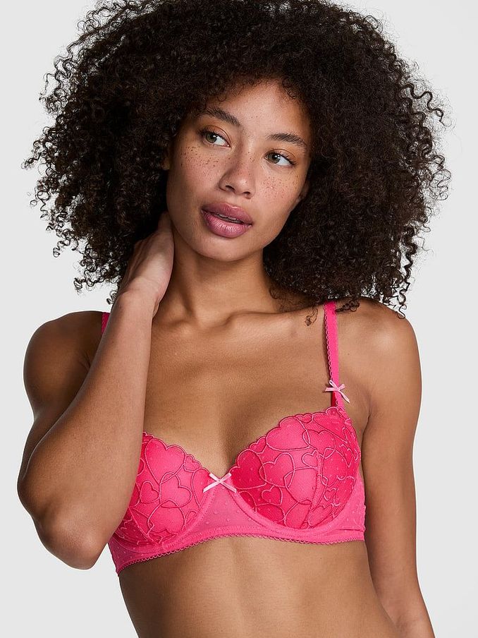 Double Bubble Pink Lightly Lined Balcony Heart Embroidery Bra (AD4261) | €40