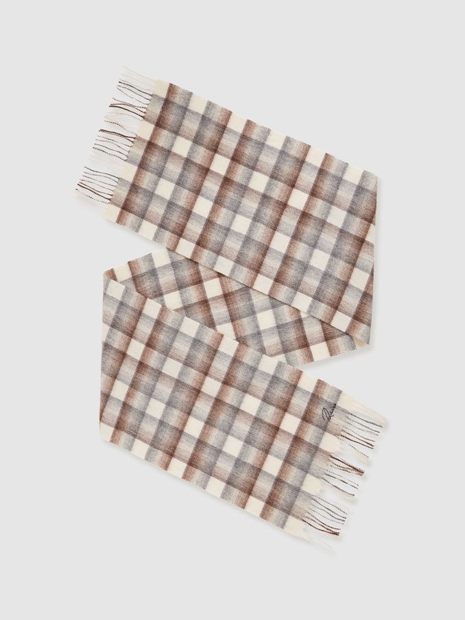 Wool and Cashmere Check Scarf in Brown/Oatmeal/Grey (AD4993) | US$45