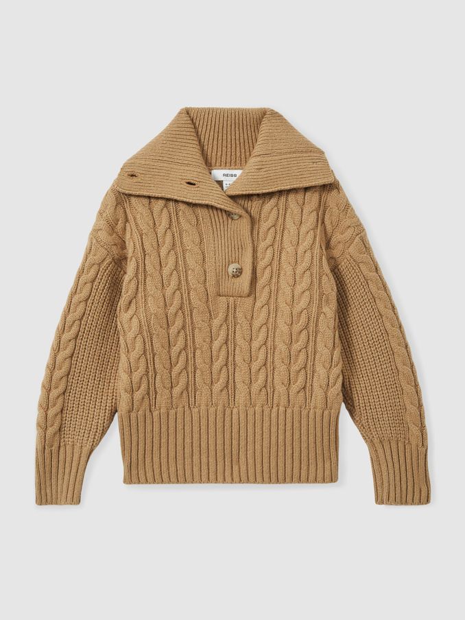 13-14 yrs Cotton-Blend Open-Collar Cable-Knit Jumper With Wool in Camel (AD5006) | US$70