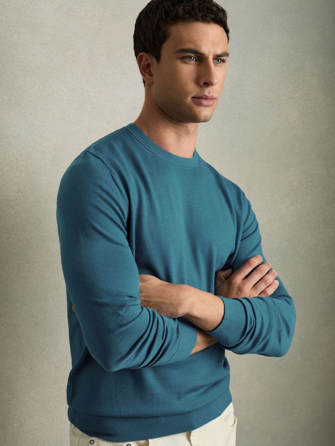 Merino Wool Crew Neck Jumper in Deep Teal Blue (AD5007) | €82