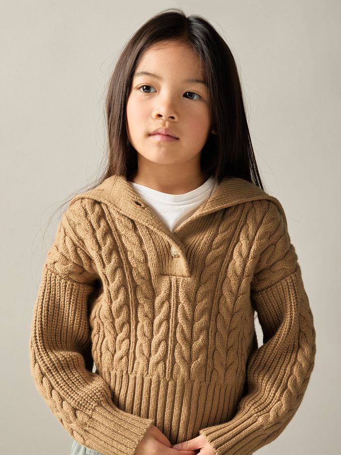 4-9 yrs Cotton-Blend Open-Collar Cable-Knit Jumper With Wool in Camel (AD5008) | US$60