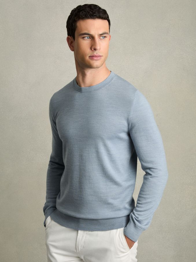 Merino Wool Crew Neck Jumper in Soft Blue Melange (AD5016) | €82