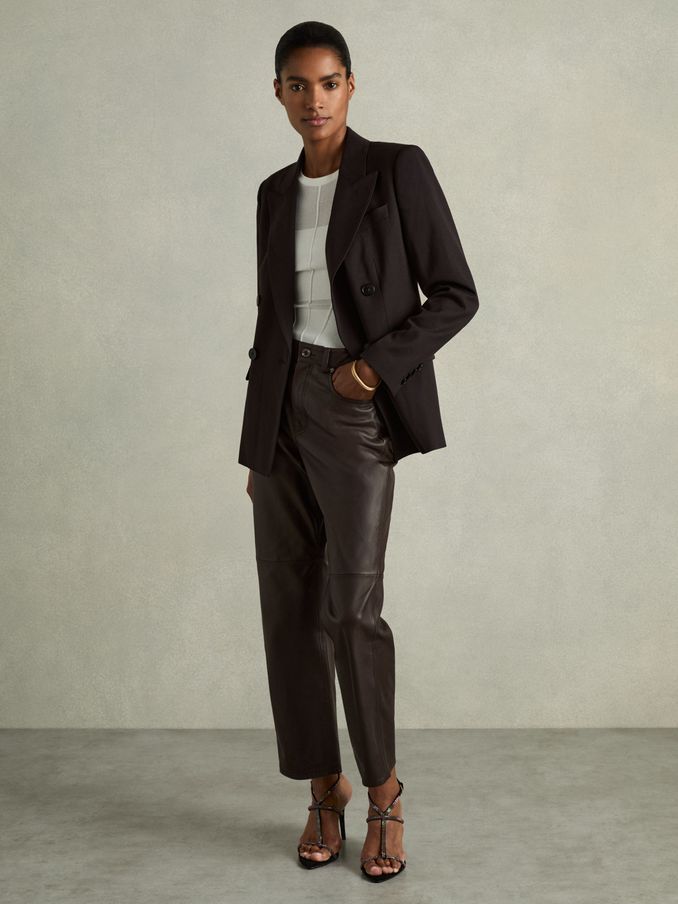 Leather Slim-Leg Trousers in Chocolate (AD5021) | US$735