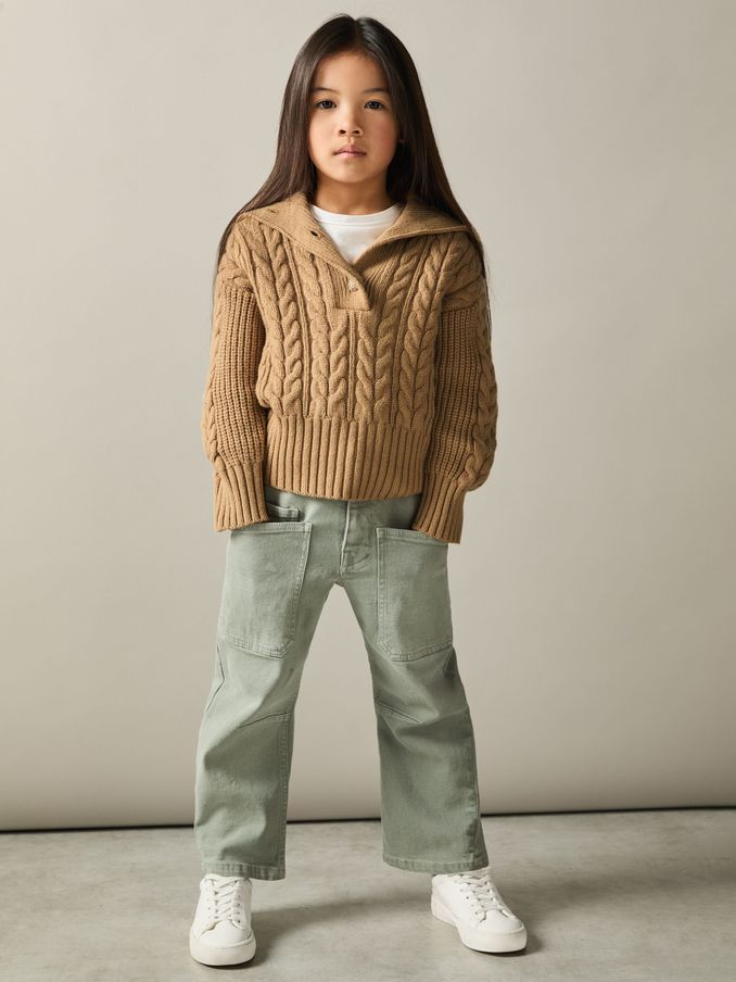 9-13 yrs Cotton-Blend Open-Collar Cable-Knit Jumper With Wool in Camel (AD5029) | US$70