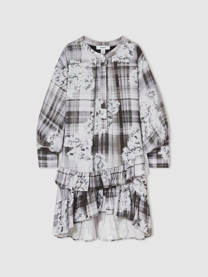 13-14 yrs Floral-Check Tiered-Frill Dress in Grey (AD6367) | €49