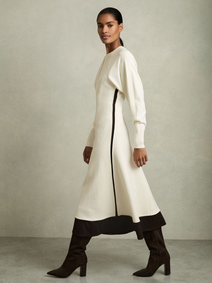 Wool-Blend Hybrid Knitted Midi Dress in Ivory (AD6380) | US$394