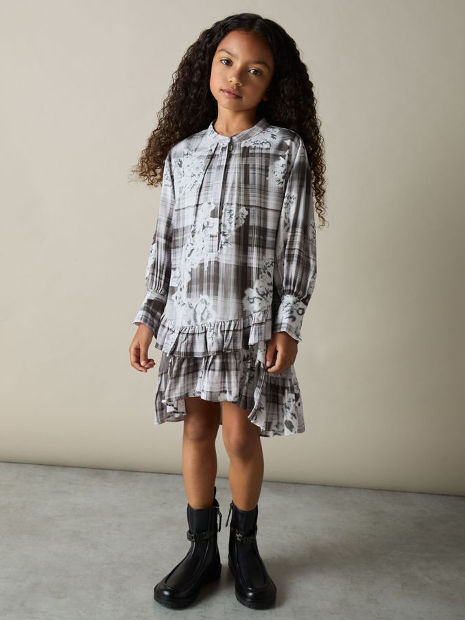 4-9 yrs Floral-Check Tiered-Frill Dress in Grey (AD6387) | €38