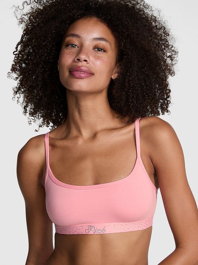 Petal Pink Diamante Cotton Logo Skinny Scoop Bralette (AD8636) | €22