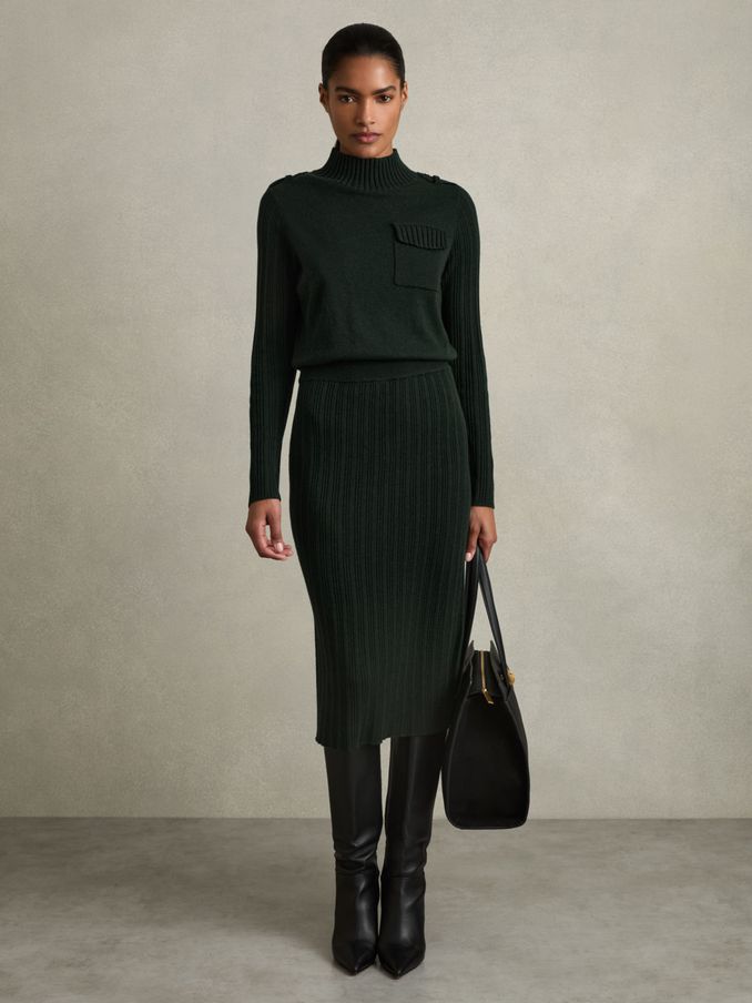 Wool-Blend Knitted Utility Midi Dress With Cashmere in Khaki (AD9411) | US$246