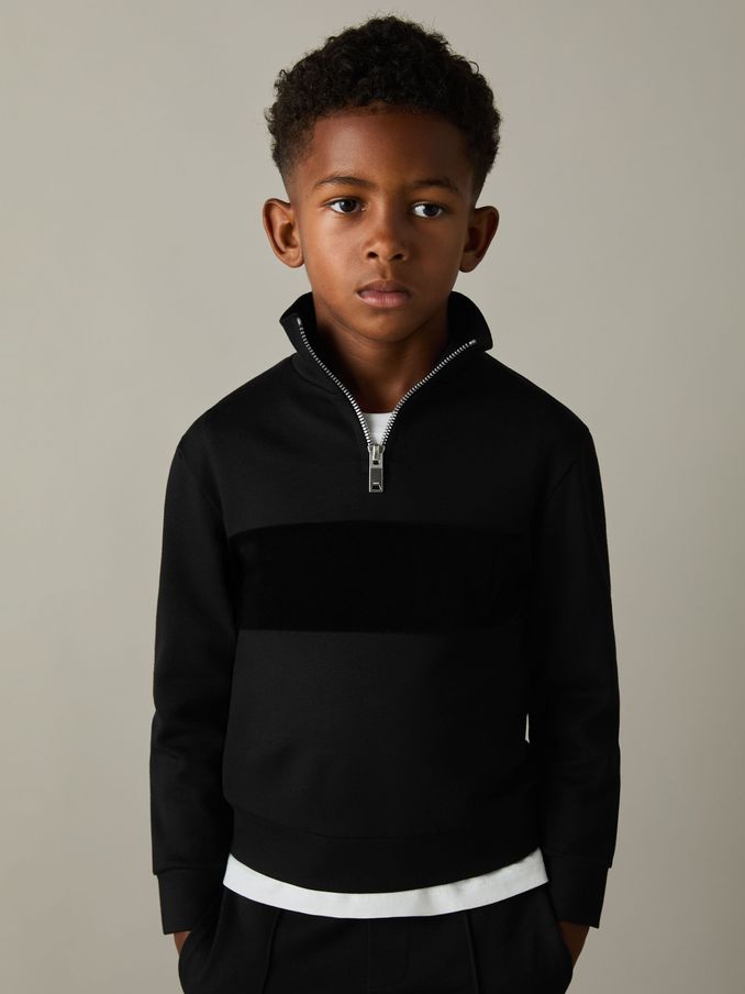 3-9 yrs Slim Fit Half-Zip Funnel Neck Velour Sweatshirt in Black (AD9424) | €55