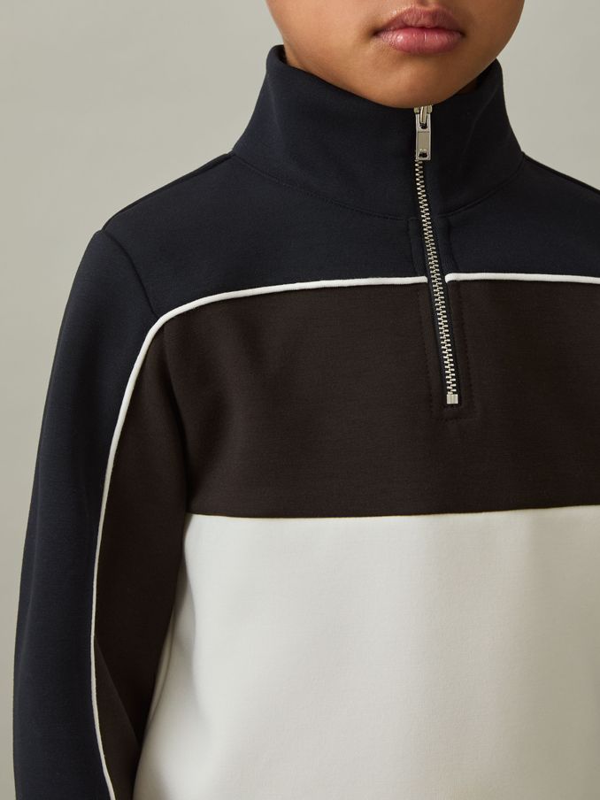 9-13 yrs Colour-Block Half-Zip Sweatshirt in Chocolate Brown/Navy/Off White (AD9426) | €65