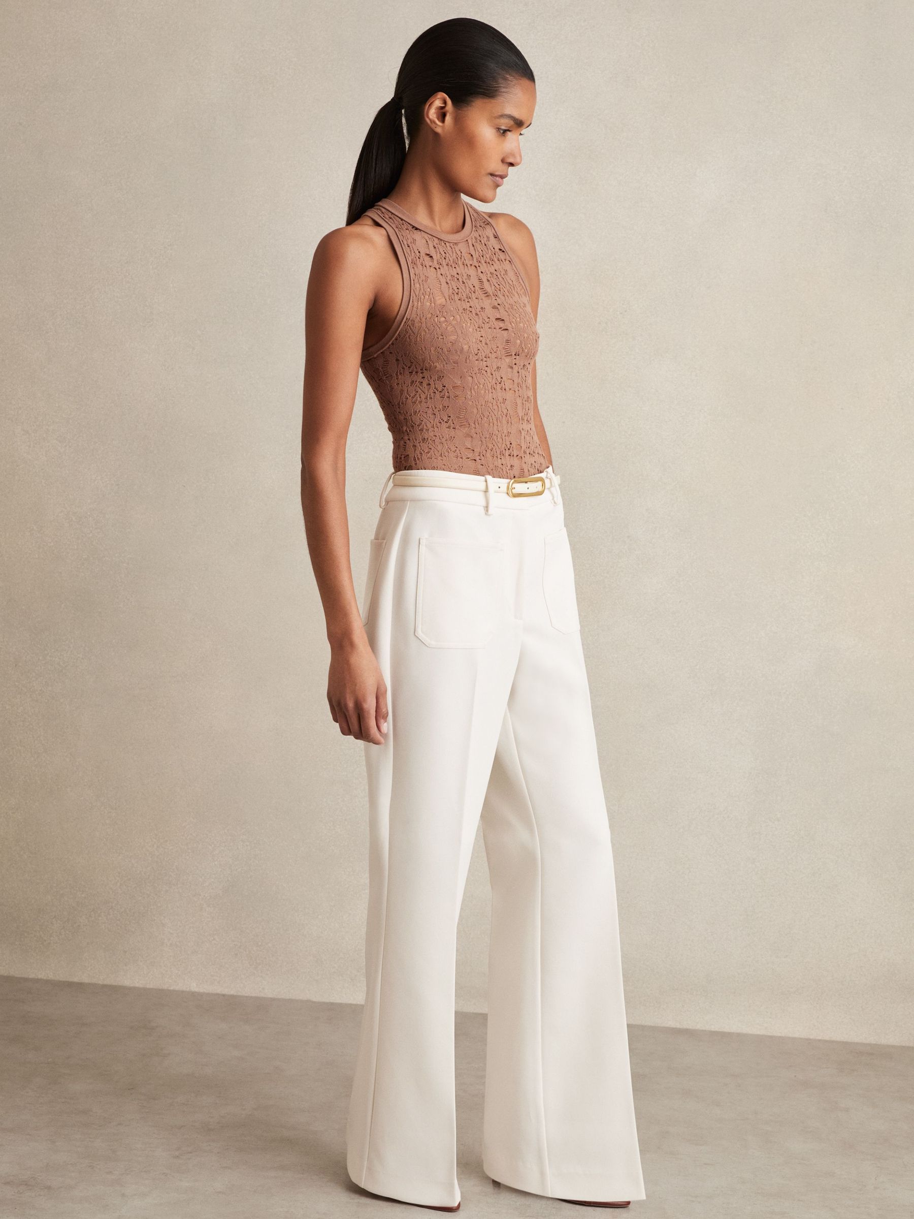 Twill High Rise Flared Trousers in Cream (AD9428) | US$245