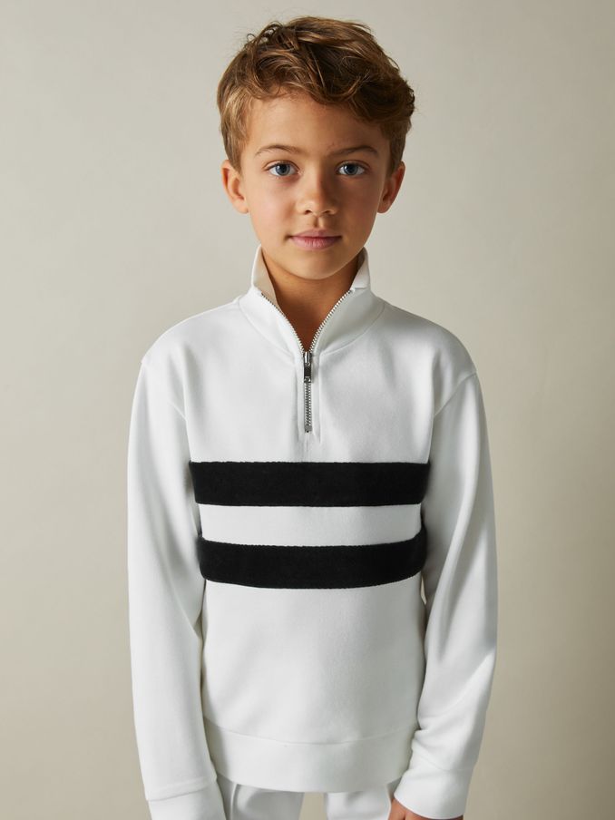 9-13 yrs Interlock Velour-Stripe Half-Zip Sweatshirt in White/Emerald Green (AD9429) | $33