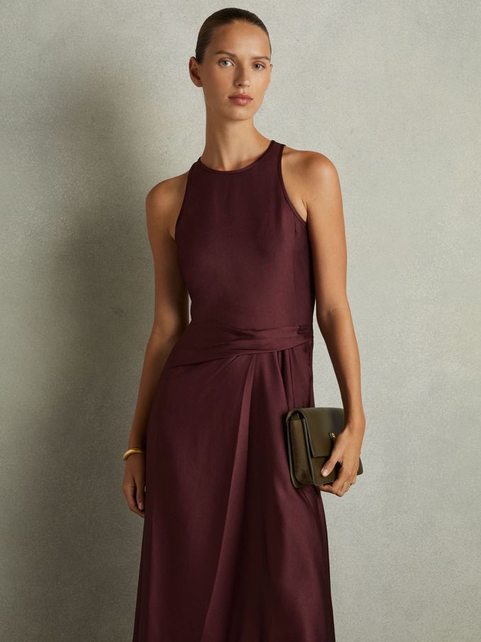 Petite Satin Drape Tuck Midi Dress in Burgundy (AD9437) | €89