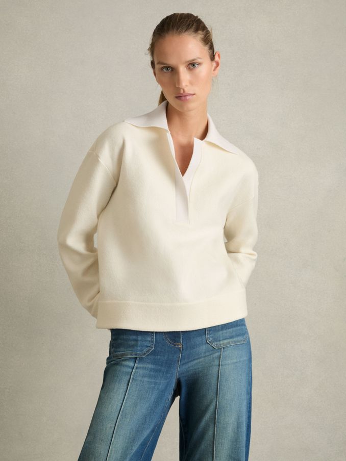 Wool-Cotton Blend Open-Placket Shirt in Cream (AD9438) | US$163
