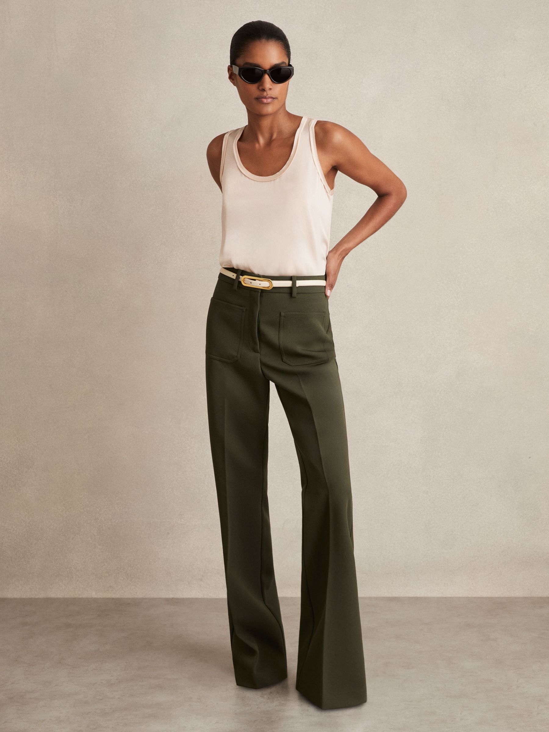 Twill High Rise Flared Trousers in Green (AD9439) | US$245
