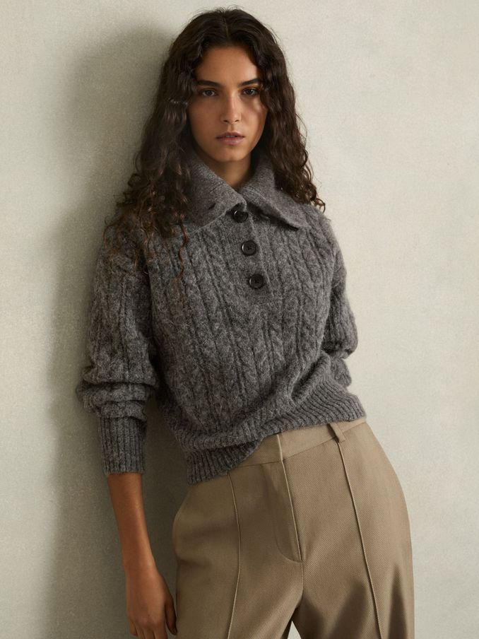 Cropped Cable-Knit Jumper With Mohair in Charcoal (AD9440) | US$142