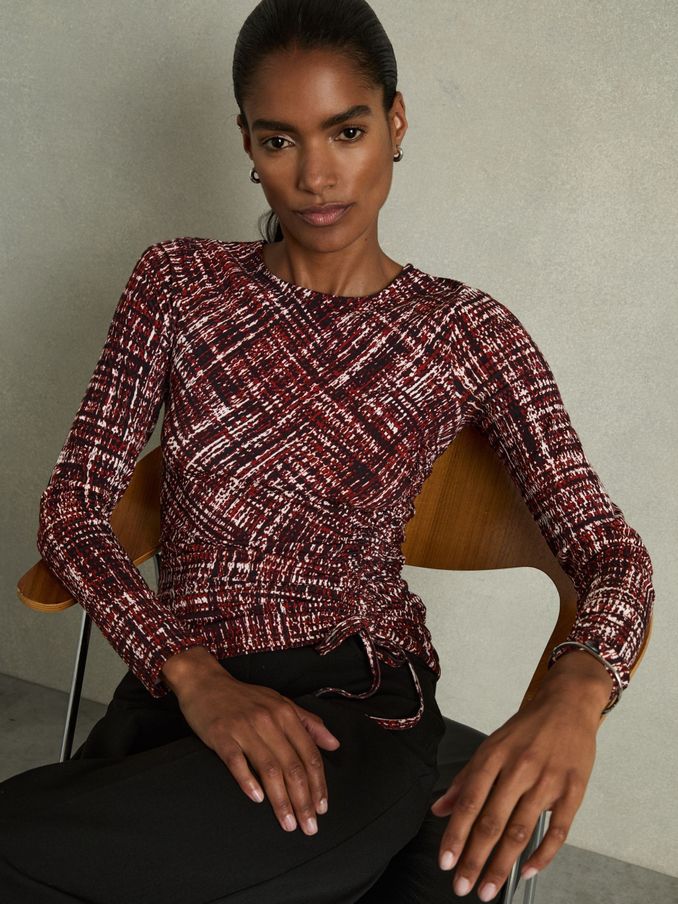 Abstract-Print Ruched-Jersey Top in Red (AD9441) | €36
