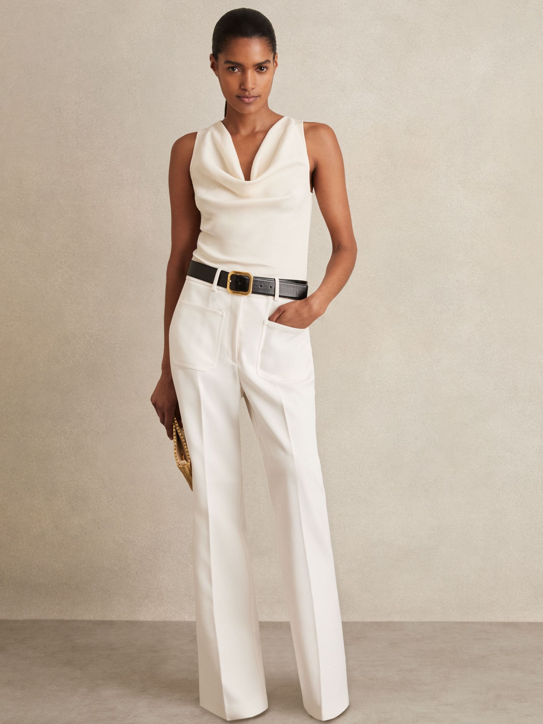 Petite Twill High Rise Flared Trousers in Cream (AD9446) | US$245