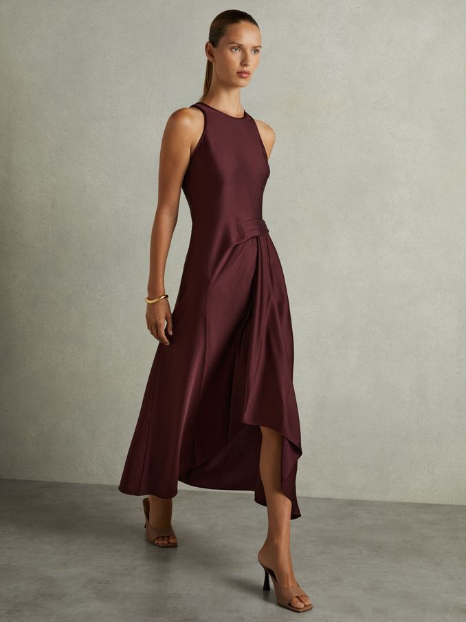 Satin Drape Tuck Midi Dress in Burgundy (AD9450) | €89