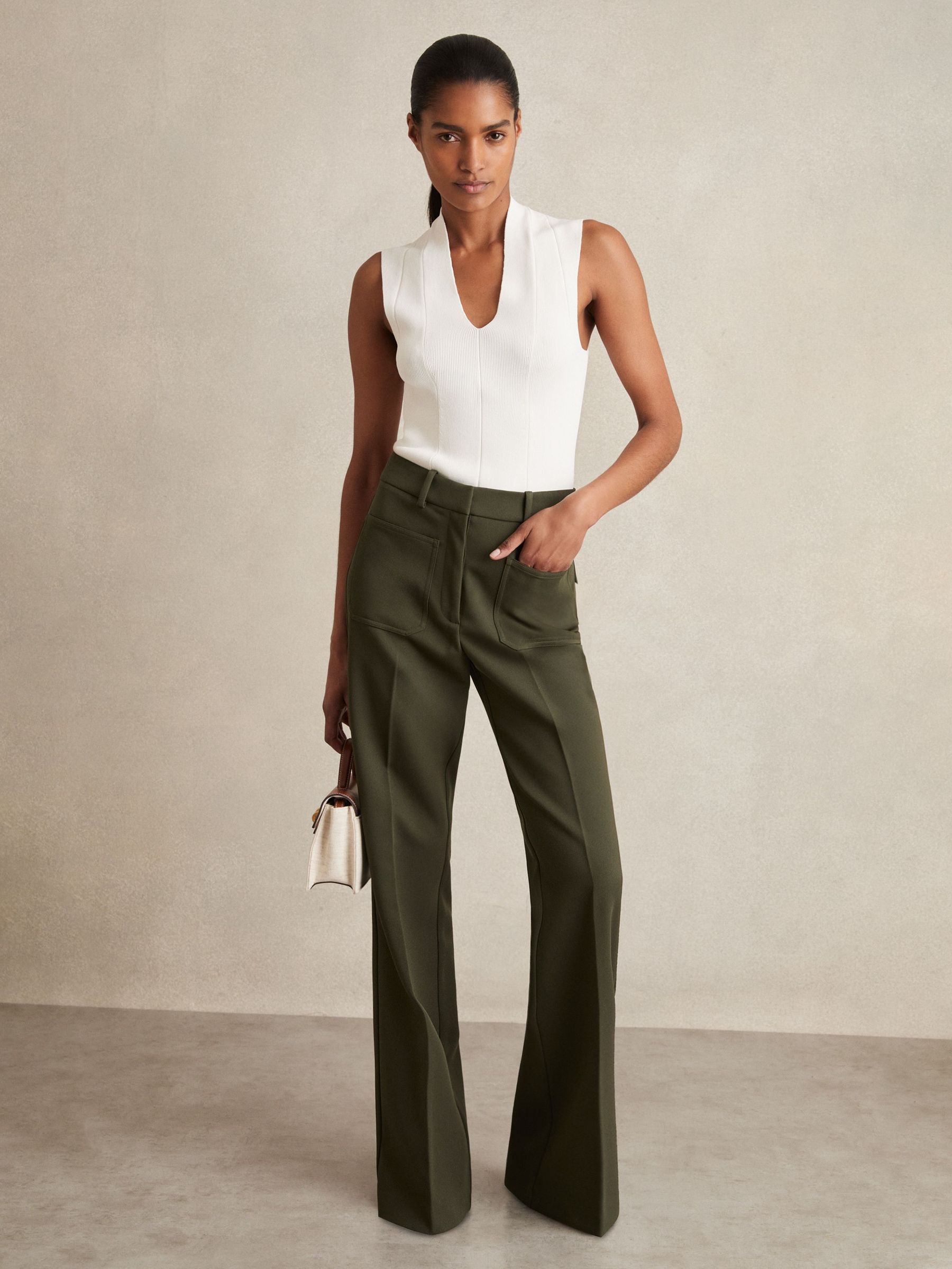 Petite Twill High Rise Flared Trousers in Green (AD9455) | US$245